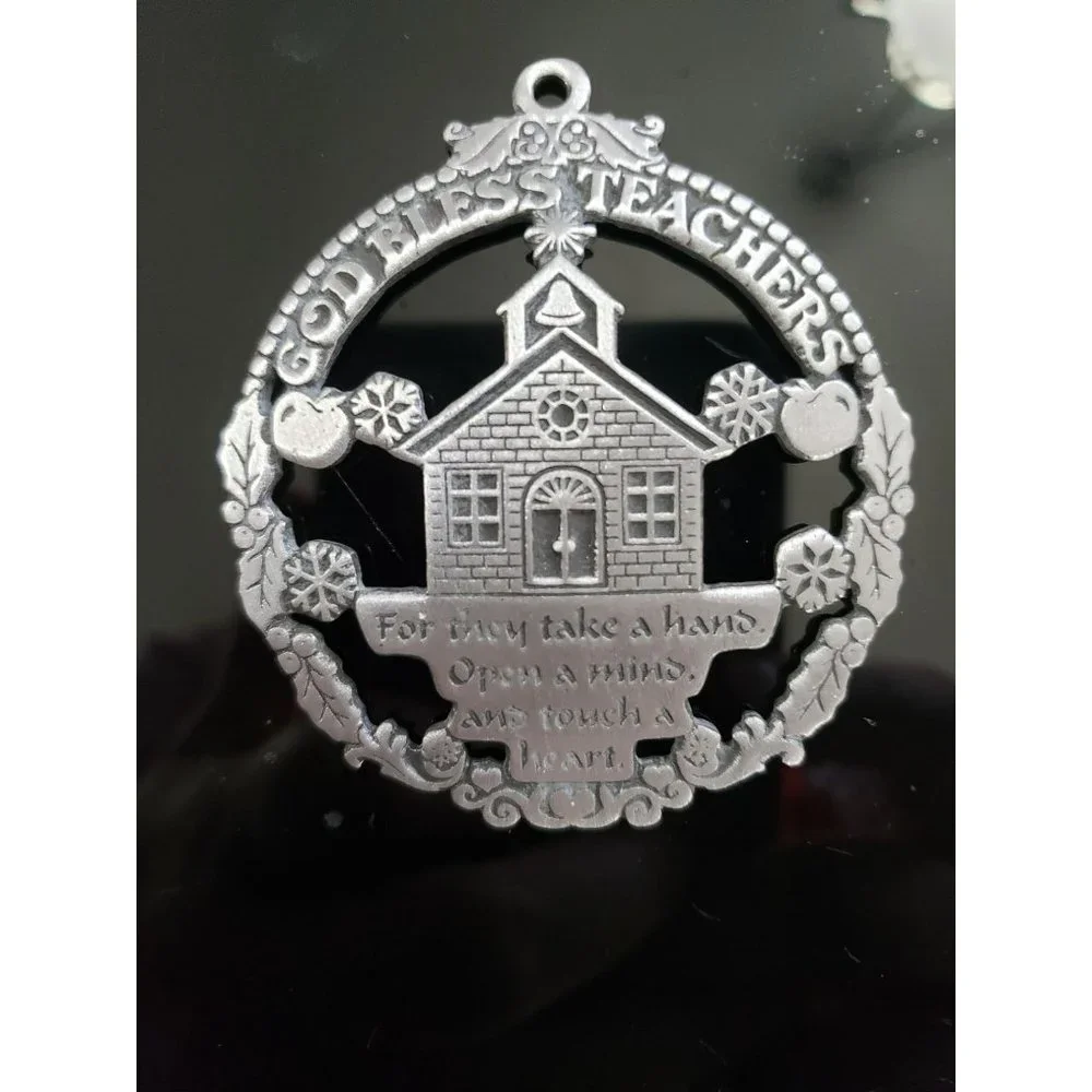 Pewter Metal Cathedral Art Christmas Ornament God‎ Bless Teachers - No Box